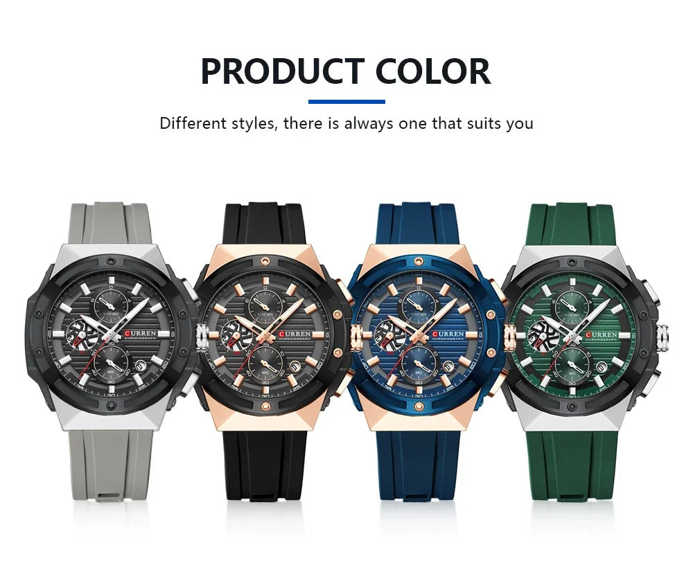 CURREN Fashionable Sports Multifunctional Chronograph Quartz Watch with Silicone Strap Creative Design Dial Luminous Hands